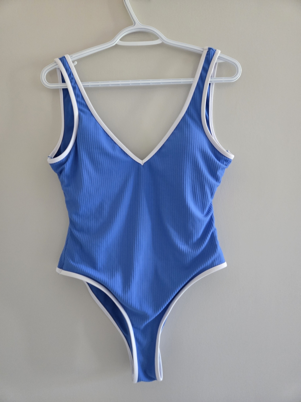 SWS ribbed blue one-piece swimsuit, v-neck, white trim, supportive fit, new
